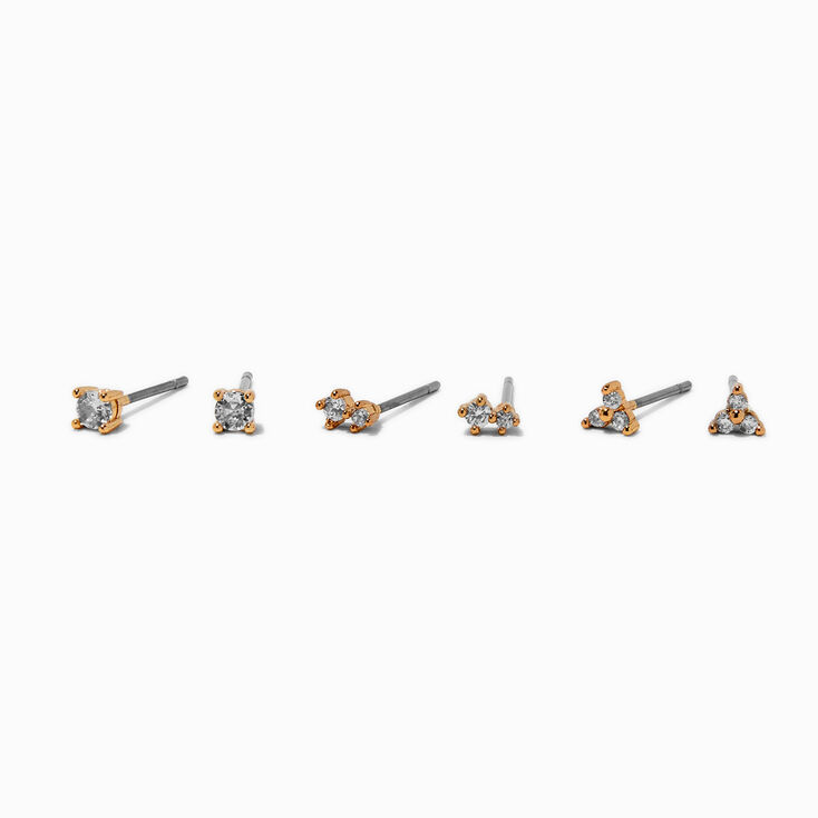 Gold-tone Cubic Zirconia 3mm Mixed Stud Earrings - 3 Pack,