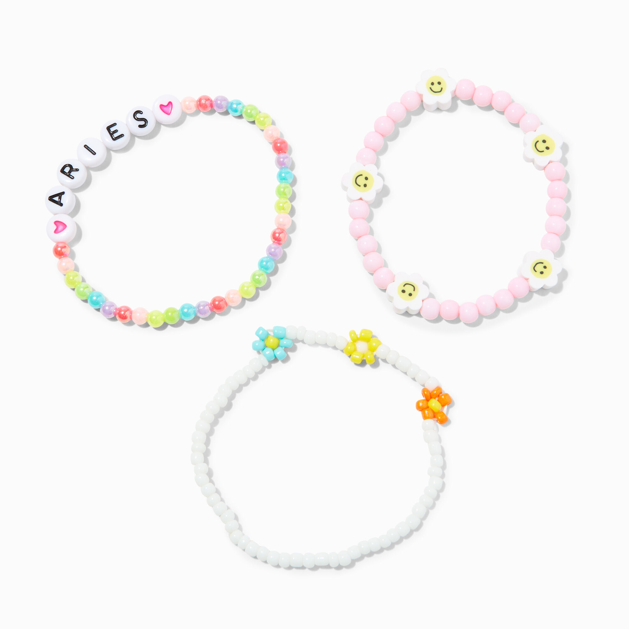 View Claires Zodiac Daisy Happy Face Beaded Stretch Bracelets 3 Pack Aries White information