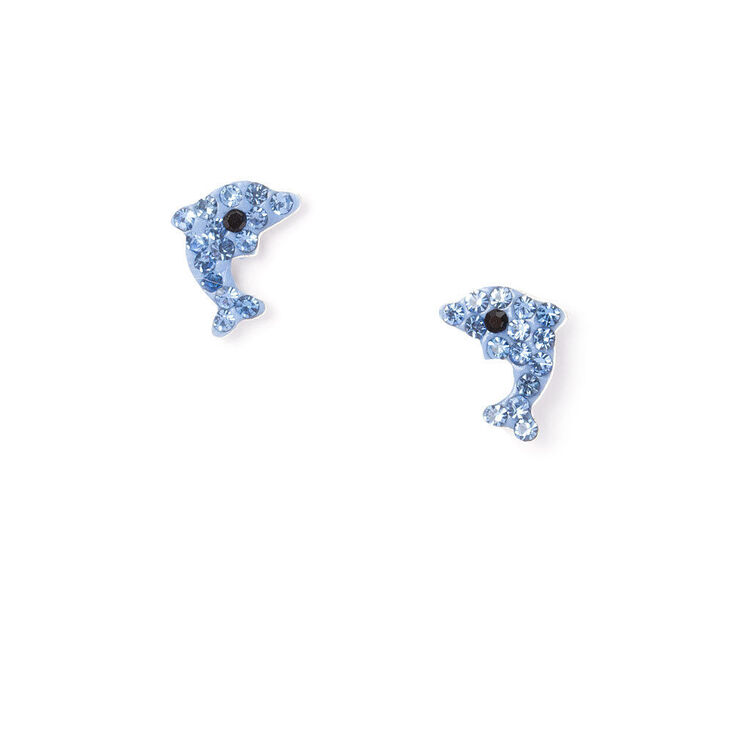 Sterling Silver Crystal Dolphin Stud Earrings,