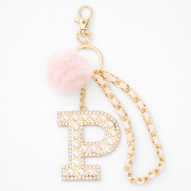 Gold Bling Initial Pom Pom Keychain - Pink, P,