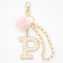 Gold Bling Initial Pom Pom Keychain - Pink, P,