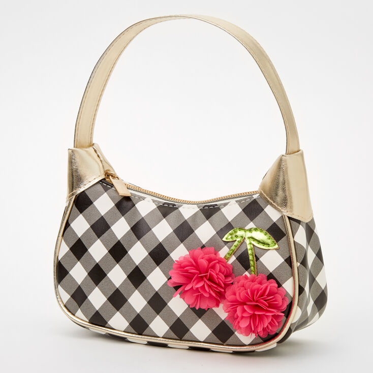 Claire&#39;s Club Gingham Floral Hobo Bag - Black and White,