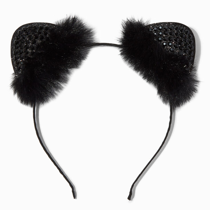 Black Fur &amp; Gemstones Cat Ears Headband,