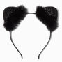 Black Fur &amp; Gemstones Cat Ears Headband,