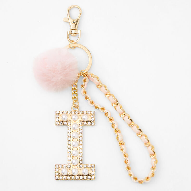 Gold Bling Initial Pom Pom Keyring - Pink, I,