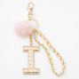 Gold Bling Initial Pom Pom Keyring - Pink, I,