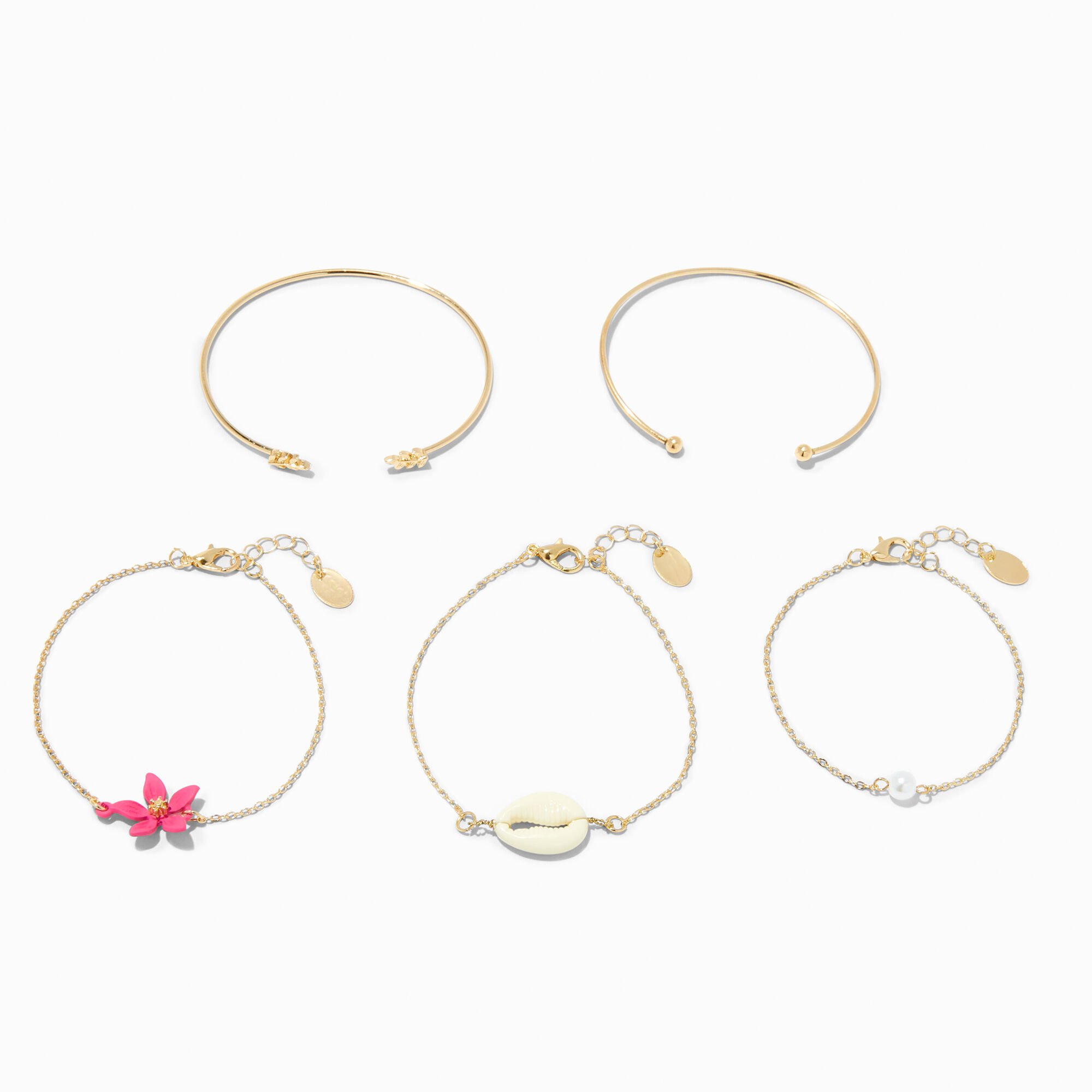 View Claires GoldTone Tropical Cuff Chain Bracelet Set 5 Pack Pink information