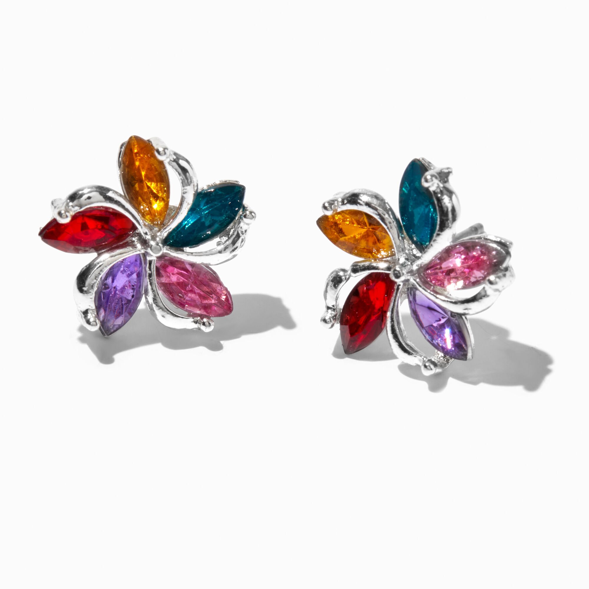 View Claires Rainbow Crystal Flower Swirl Tone Stud Earrings Silver information