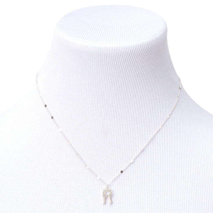 Silver Half Stone Initial Pendant Necklace - R,