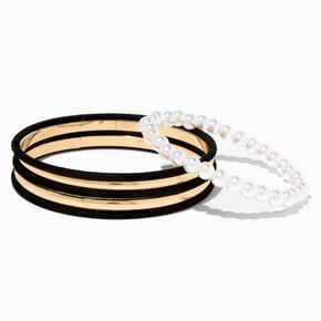 Black Felt &amp; Gold-tone Faux Pearl Bangle Bracelets - 6 Pack,
