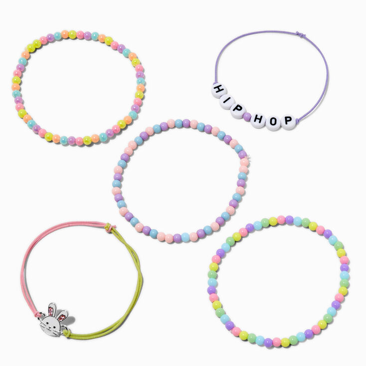 &quot;Hip Hop&quot; Easter Bunny Beaded Stretch Bracelets - 5 Pack,