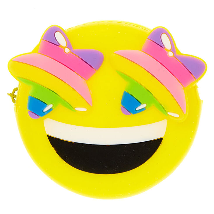 Porte-monnaie en silicone jaune &eacute;moji avec yeux en &eacute;toile arc-en-ciel,