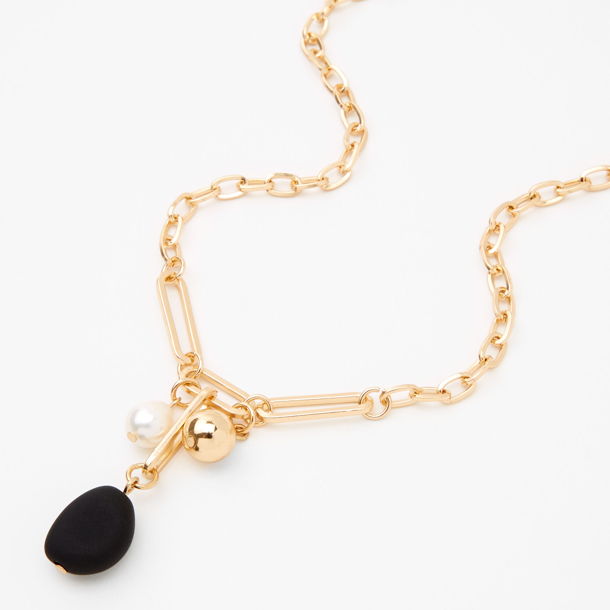 Gold Matte Pearl Pendant Chain Necklace - Black,