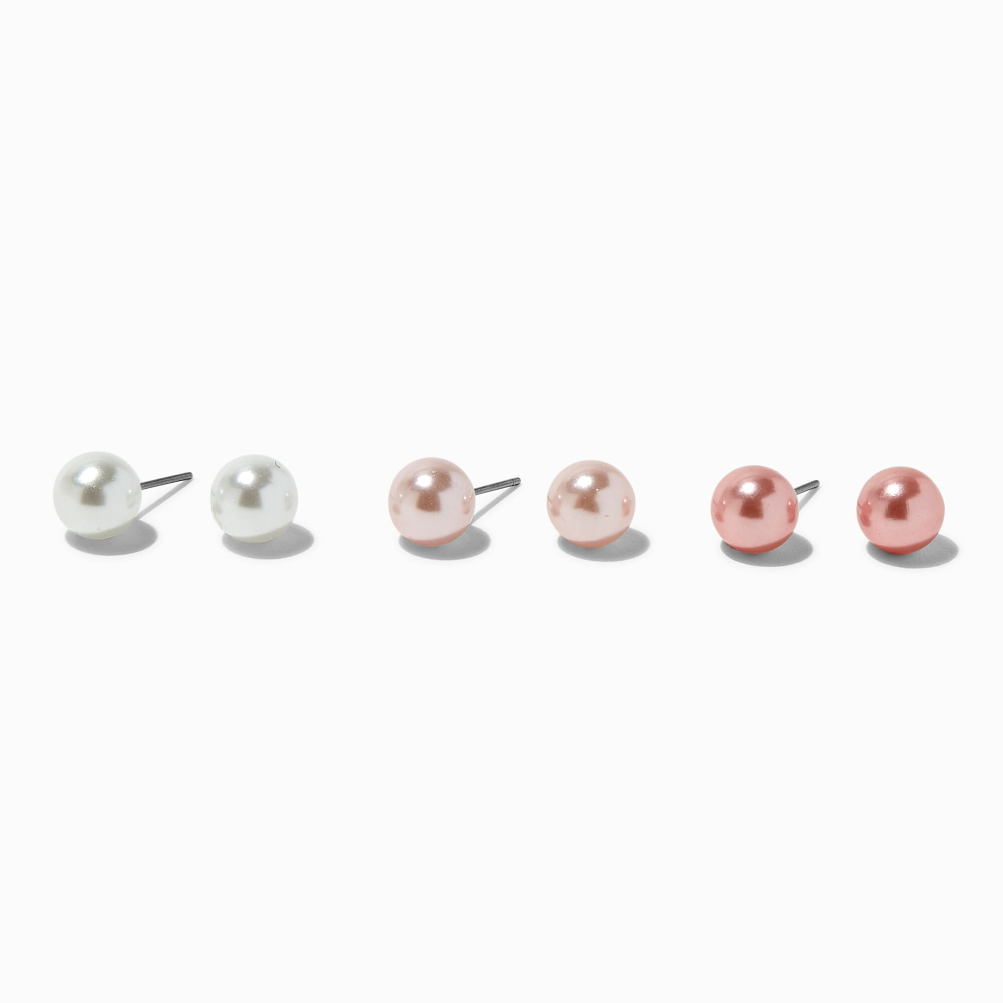 View Claires Pearl 8MM Stud Earrings Purple 3 Pack information