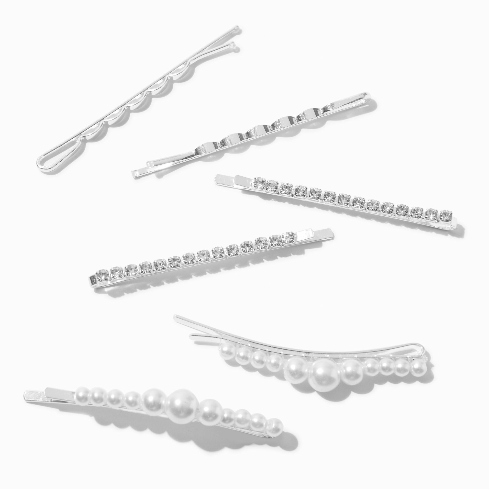 View Claires Tone Wave Pearl Crystal Bobby Pins 6 Pack Silver information
