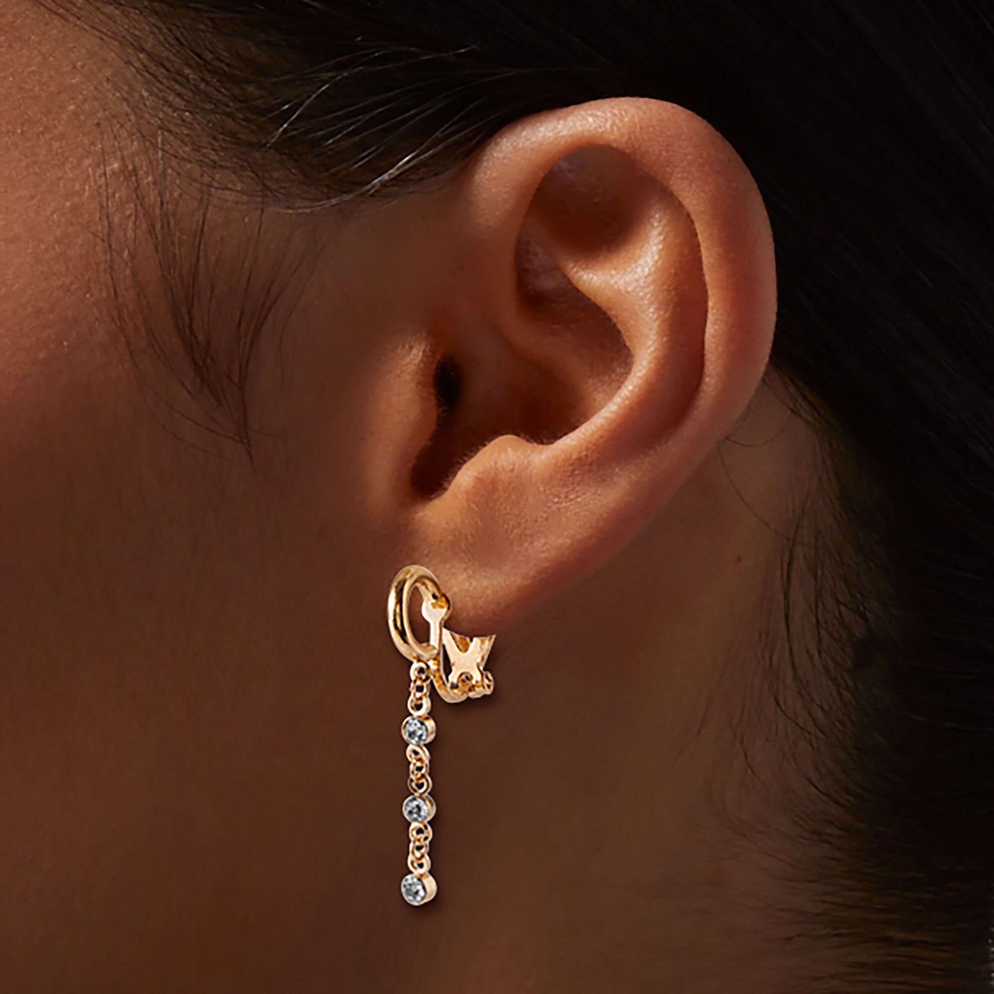 Gold-tone Embellished Chain Clip-On Stud Earrings - 3 Pack,