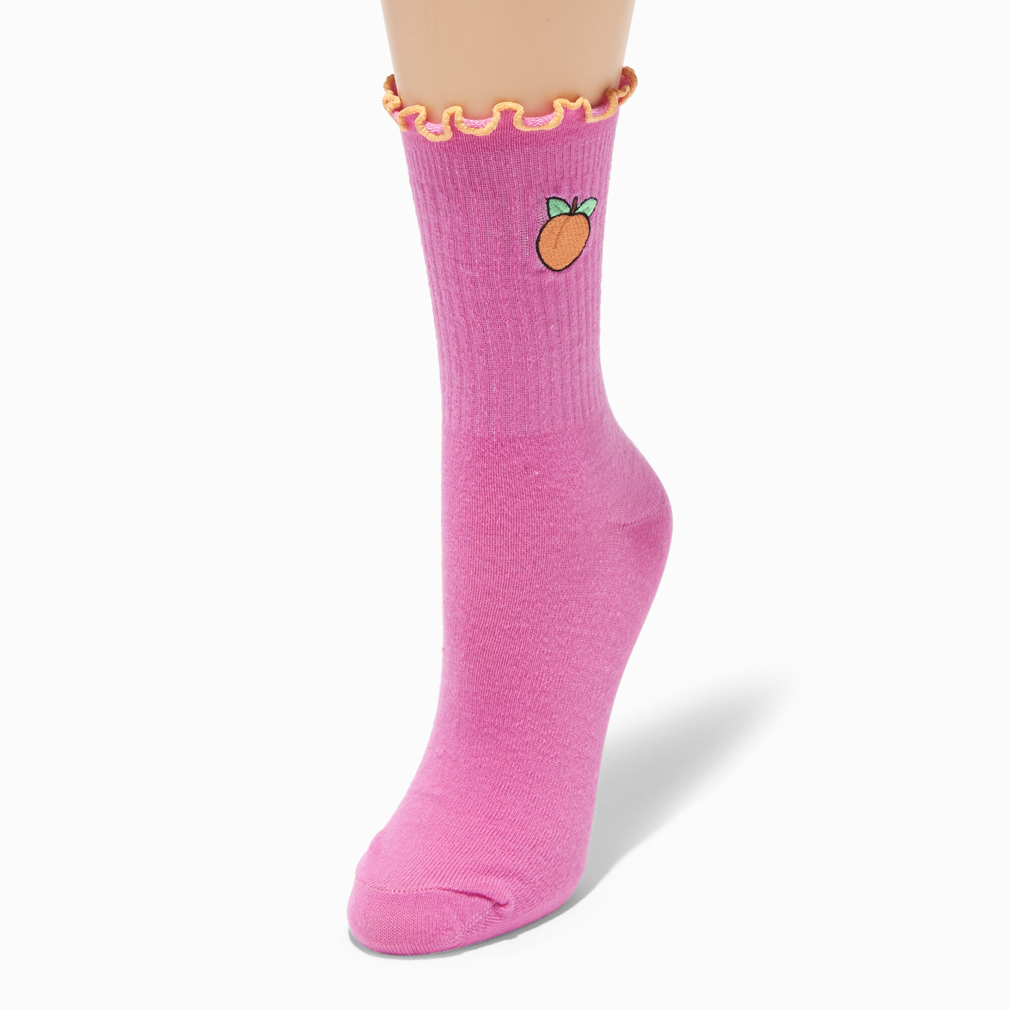 View Claires Embroidered Dark Pink Crew Socks Peach information
