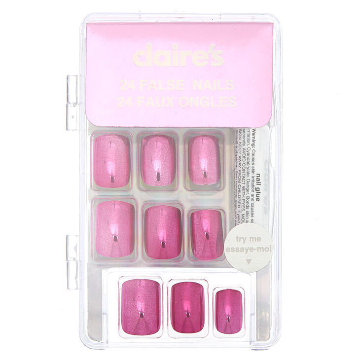 Metallic Square Faux Nail Set - Pink, 24 Pack,