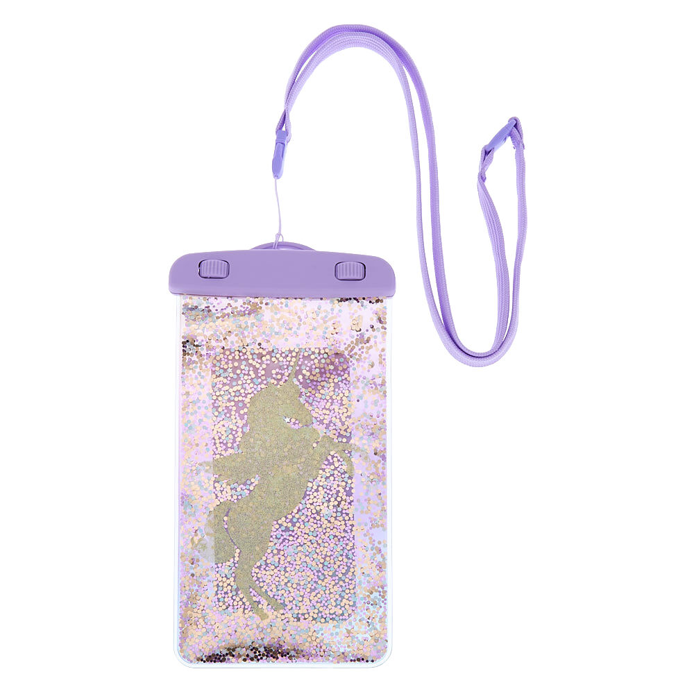 Pochette etanche lilas pour portable licorne a paillettes mobiles