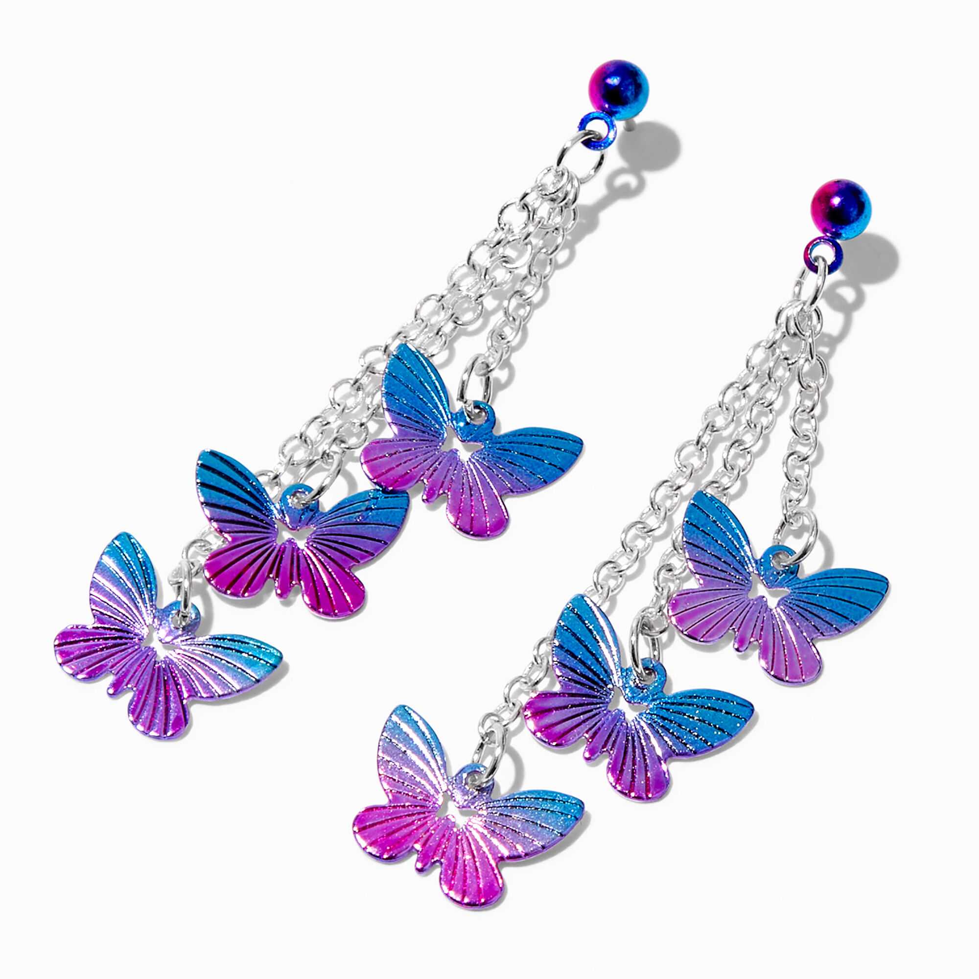 View Claires SilverTone 2 Ombre Anodized Butterflies Drop Earrings Purple information