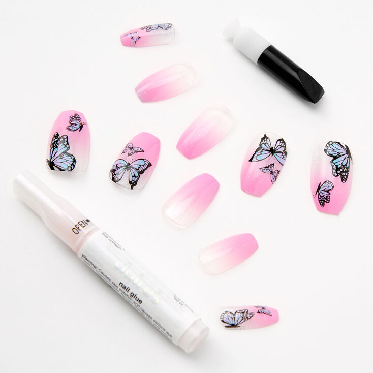 Faux ongles ballerine &agrave; paillettes avec d&eacute;grad&eacute; rose papillon - Lot de 24,