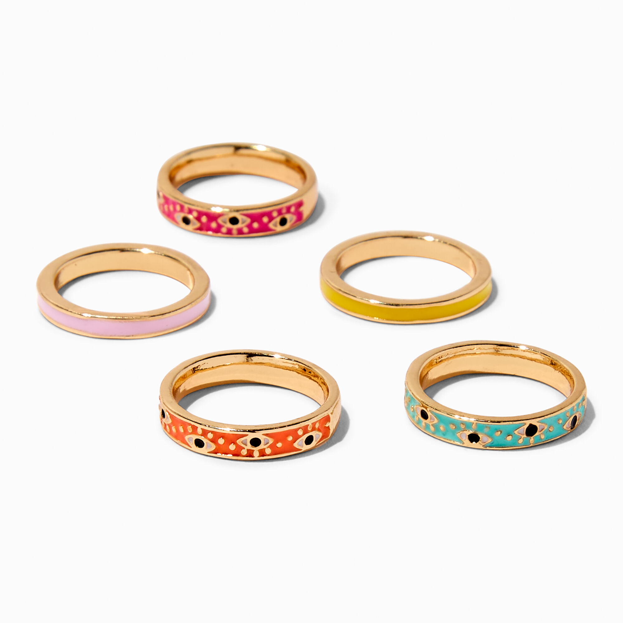 View Claires Club Evil Eye Enamel Rings 5 Pack Gold information