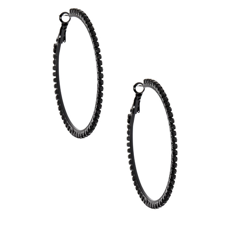 Black Glass Rhinestone Hoop Earrings,