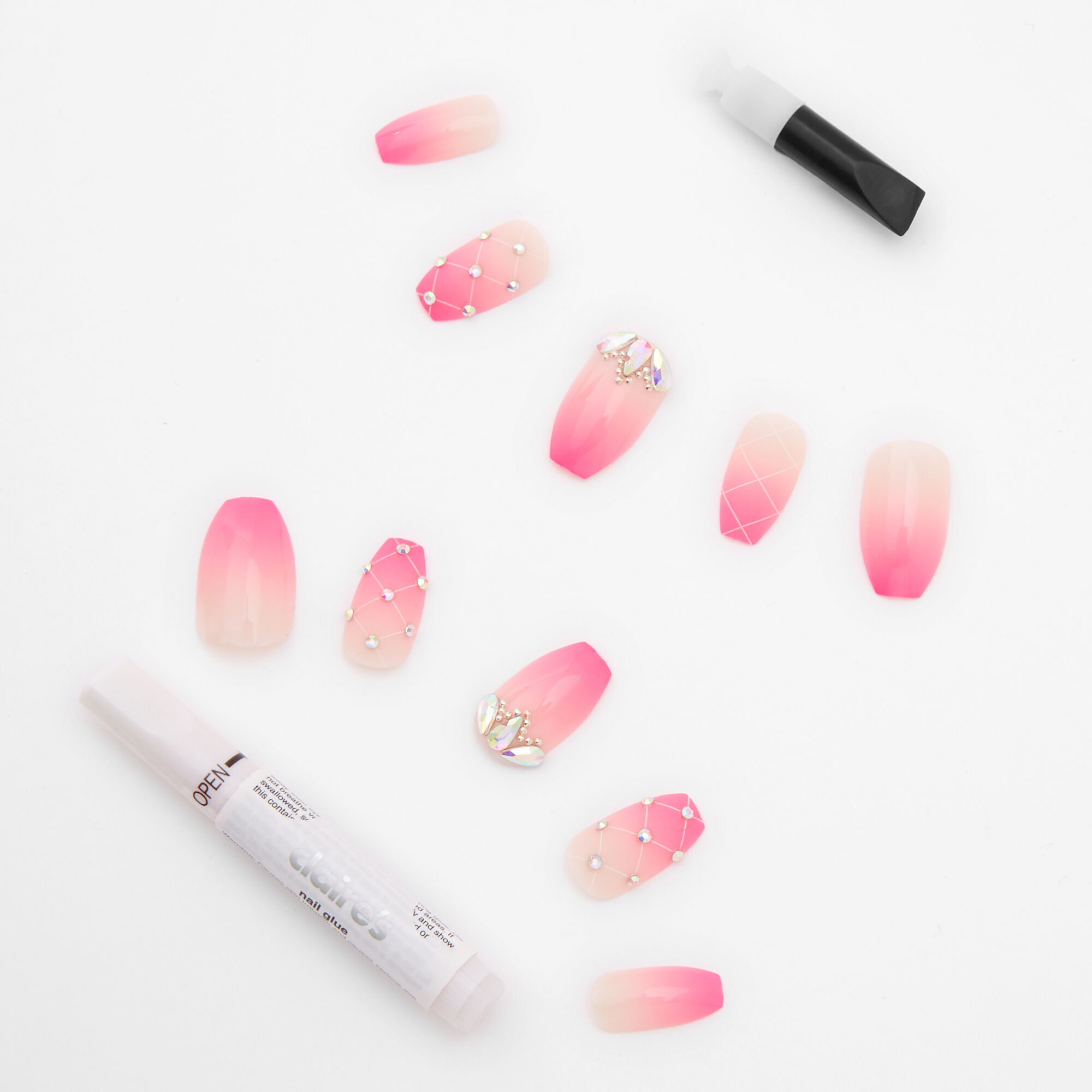 Bright Pink Ombre Crystal Coffin Faux Nail Set - 24 Pack | Claire's