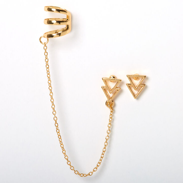 Boucles d&rsquo;oreilles &agrave; cha&icirc;ne avec double triangle couleur dor&eacute;e,