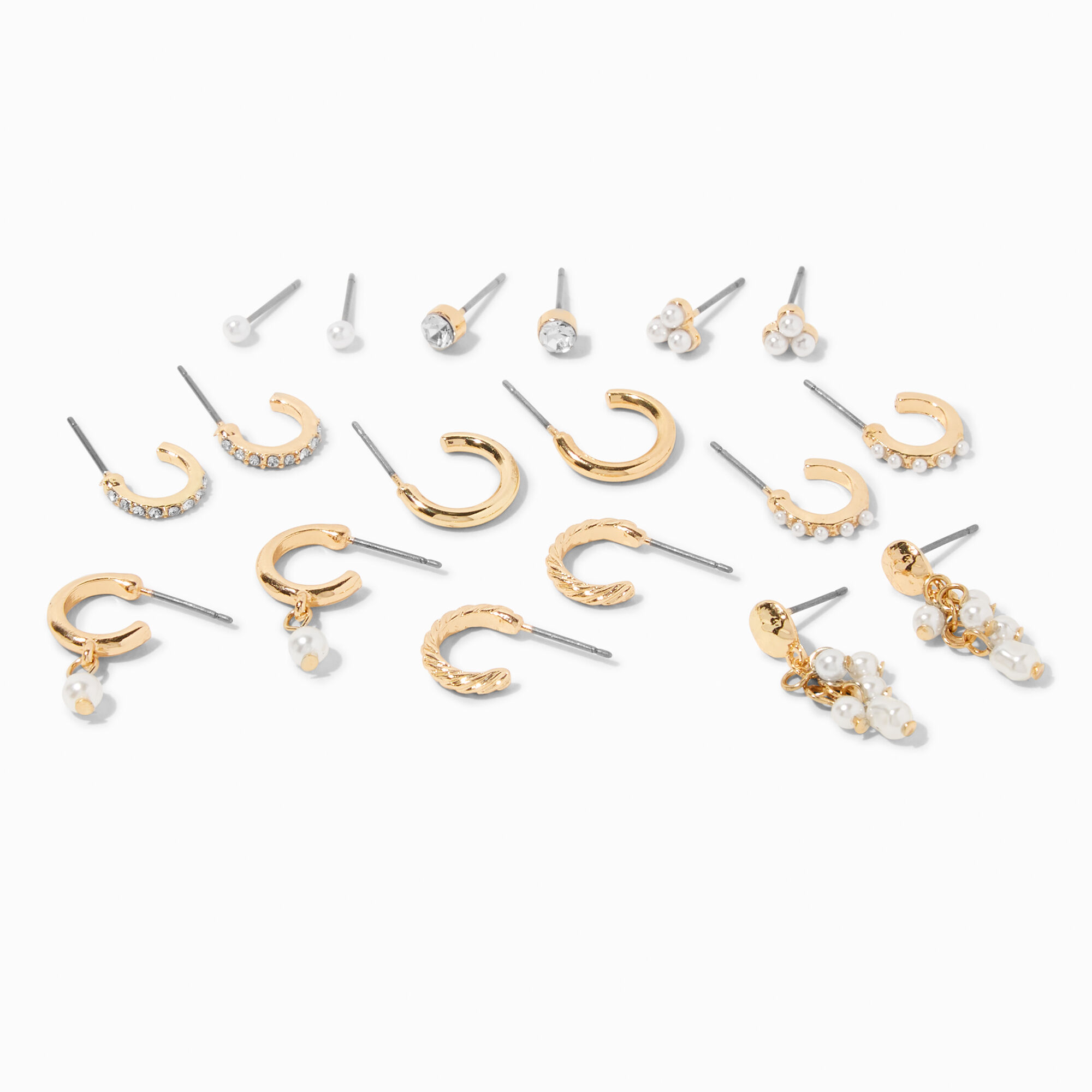 View Claires Pearl Tone Mixed Stud Hoop Earring Set 9 Pack Gold information
