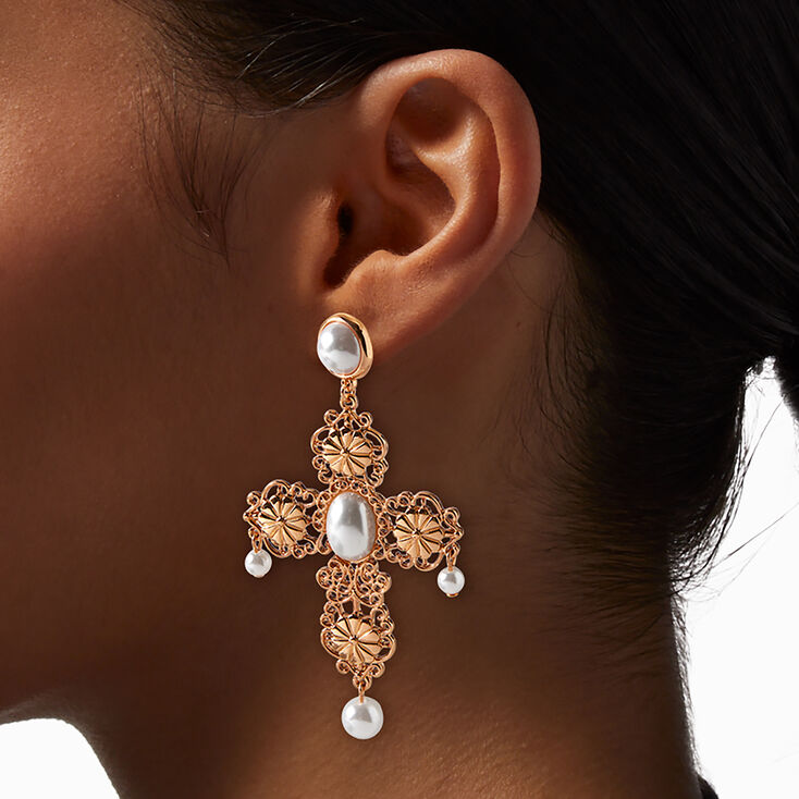 Gold-tone Ornate Pearl Cross 3&quot; Drop Earrings ,