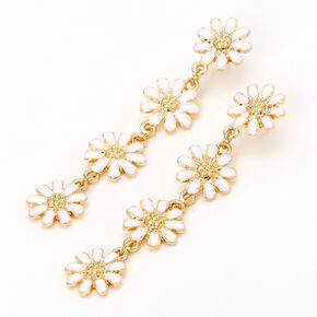 Gold 2&quot; Daisy Flower Linear Drop Earrings - White,