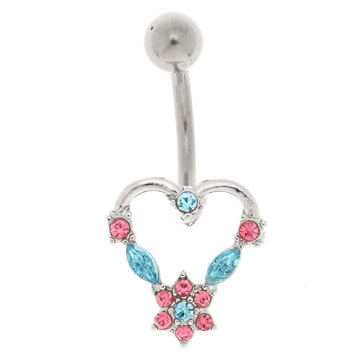 Piercing de nombril c&oelig;ur couleur argent&eacute;e et rose,