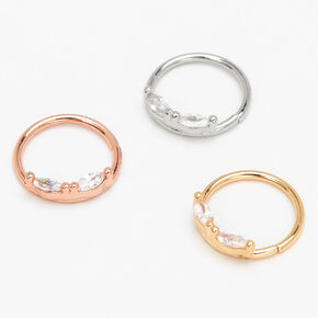 20G Mixed Metal Stainless Steel Oval Crystal Hoop Nose Rings - 3 Pack,