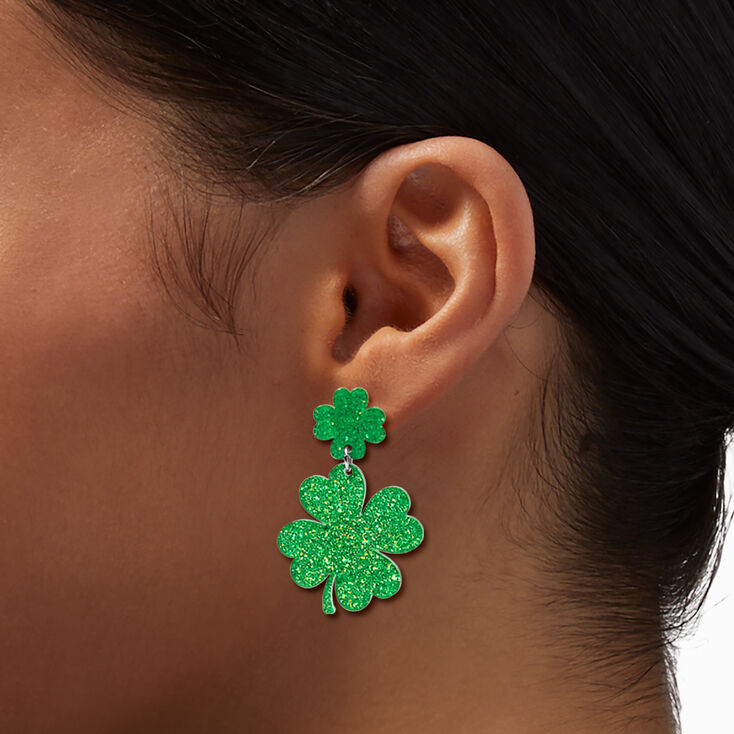 Double Shamrock Glitter Drop Earrings,