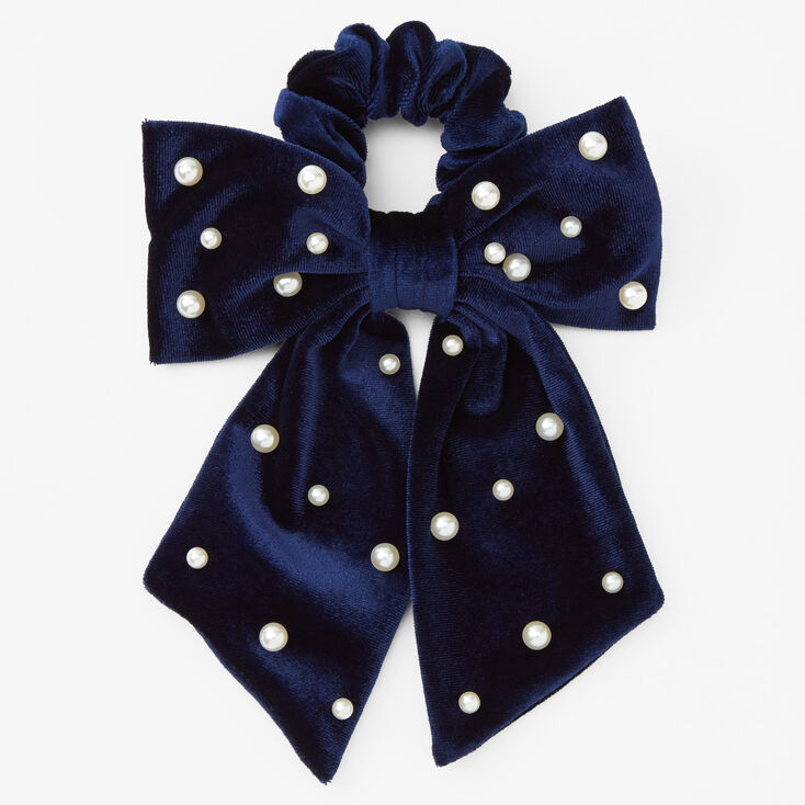 Pearl Studded Bow Hair Scrunchie - Navy Blue | Claire's US