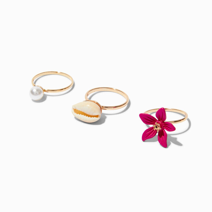Pink Flower Cowrie Seashell Pearl Gold Ring Set - 3 Pack,