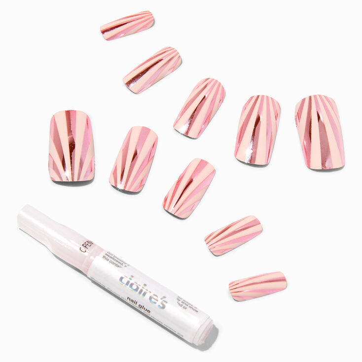 Rose Gold Sunray Long Square Vegan Faux Nail Set - 24 Pack,