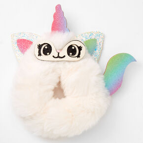 Chouchou chat-licorne en fausse fourrure de taille moyenne - Blanc,