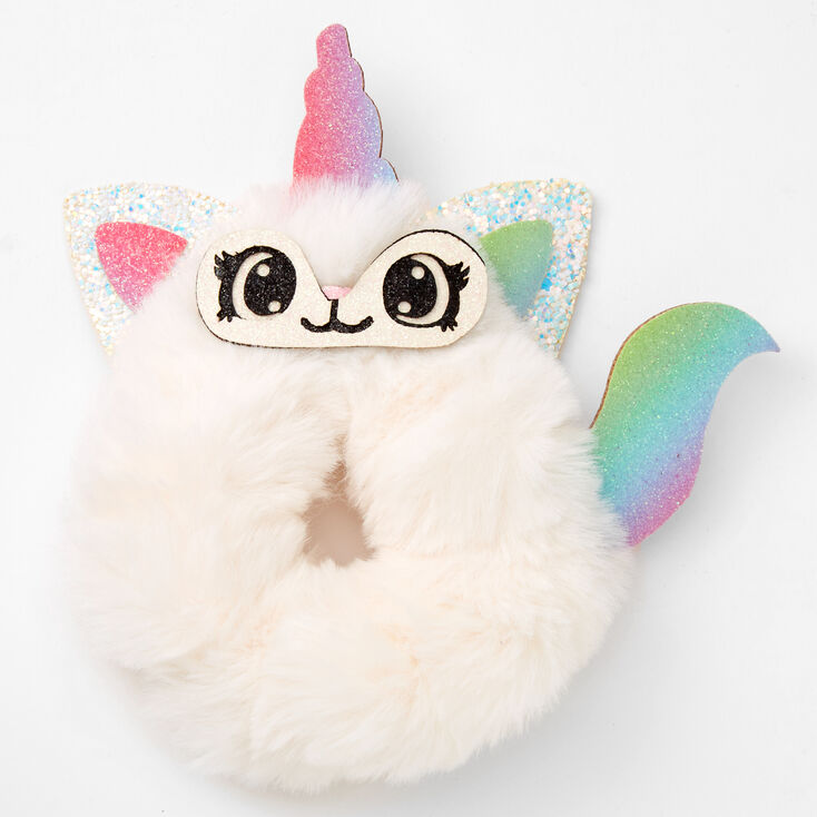 Chouchou chat-licorne en fausse fourrure de taille moyenne - Blanc,