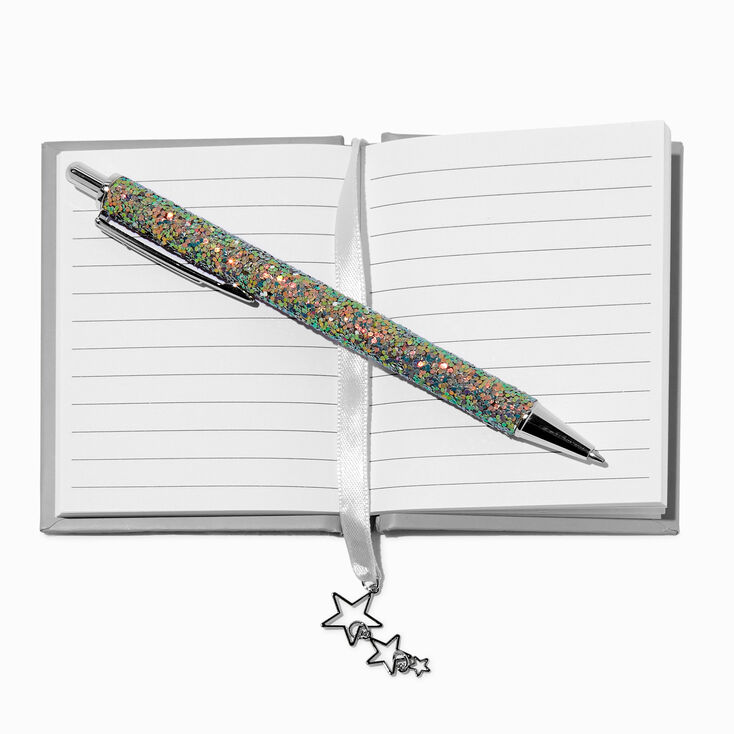 Ensemble cadeau stylo et mini carnet &eacute;toile bling-bling couleur argent&eacute;e,