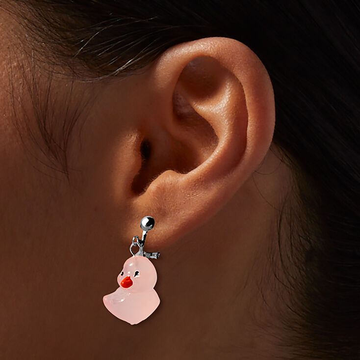 Pink Glow in the Dark Rubber Duck 0.5&quot; Clip-On Drop Earrings,
