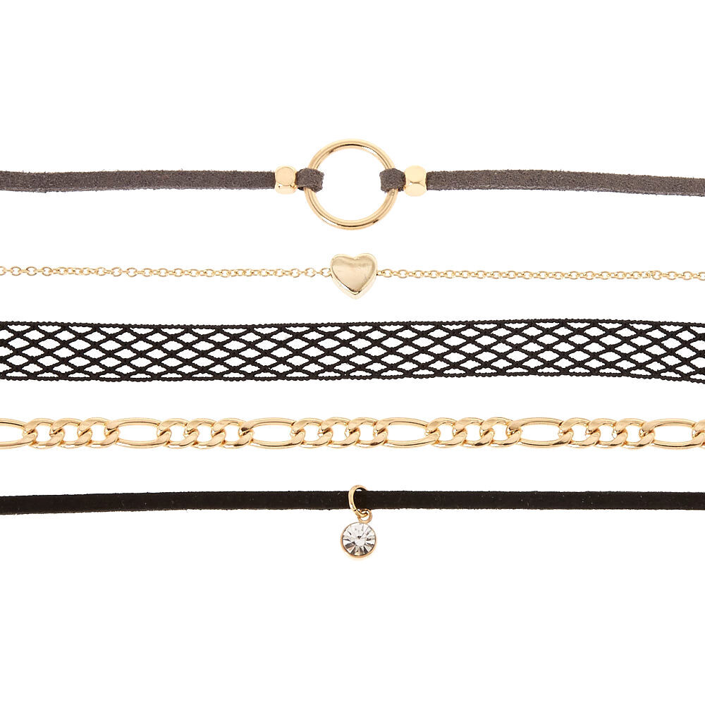 Gold Mixed Media Choker Necklaces - Black, 5 Pack,