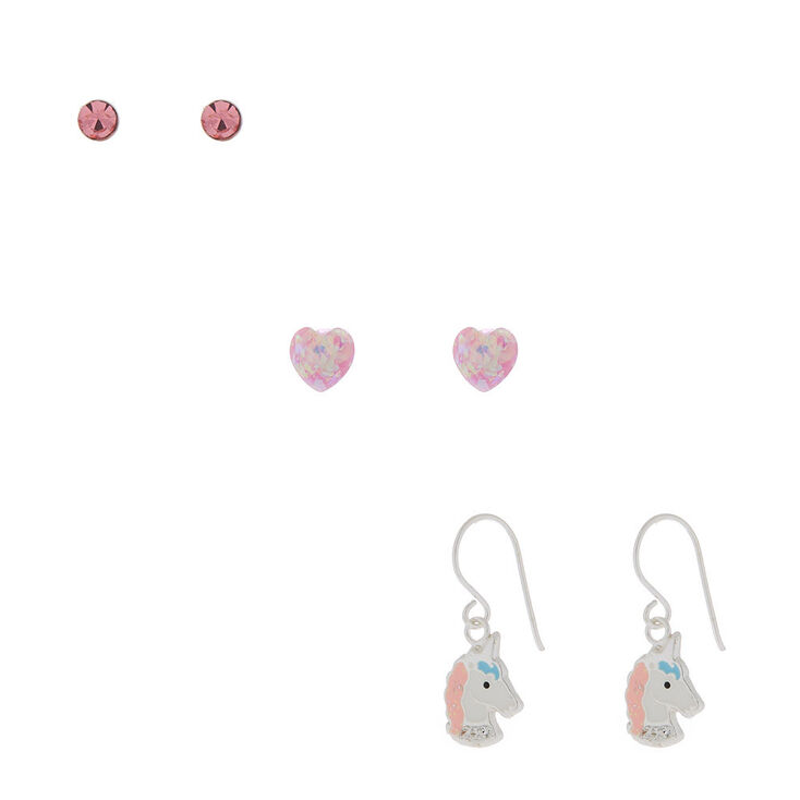 Sterling Silver Sherbet Unicorn Earrings - Pink, 3 Pack,