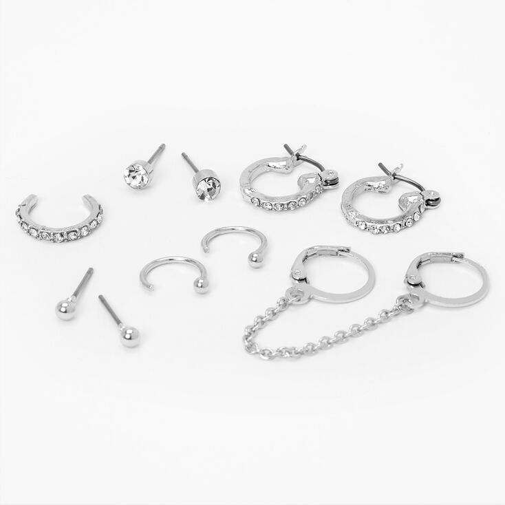 Boucles d&rsquo;oreilles vari&eacute;es et manchettes d&#39;oreille &agrave; boules avec strass couleur argent&eacute;e - Lot de 6,