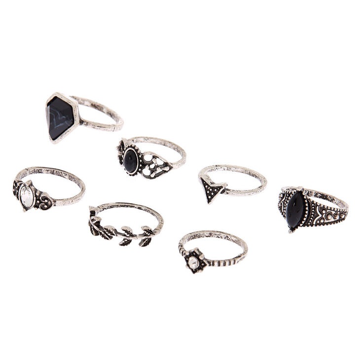 Silver Gothic Glam Rings - Black, 7 Pack