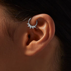 Silver-tone Stainless Steel Cubic Zirconia 16G Flower Clicker Hoop Daith Earring,
