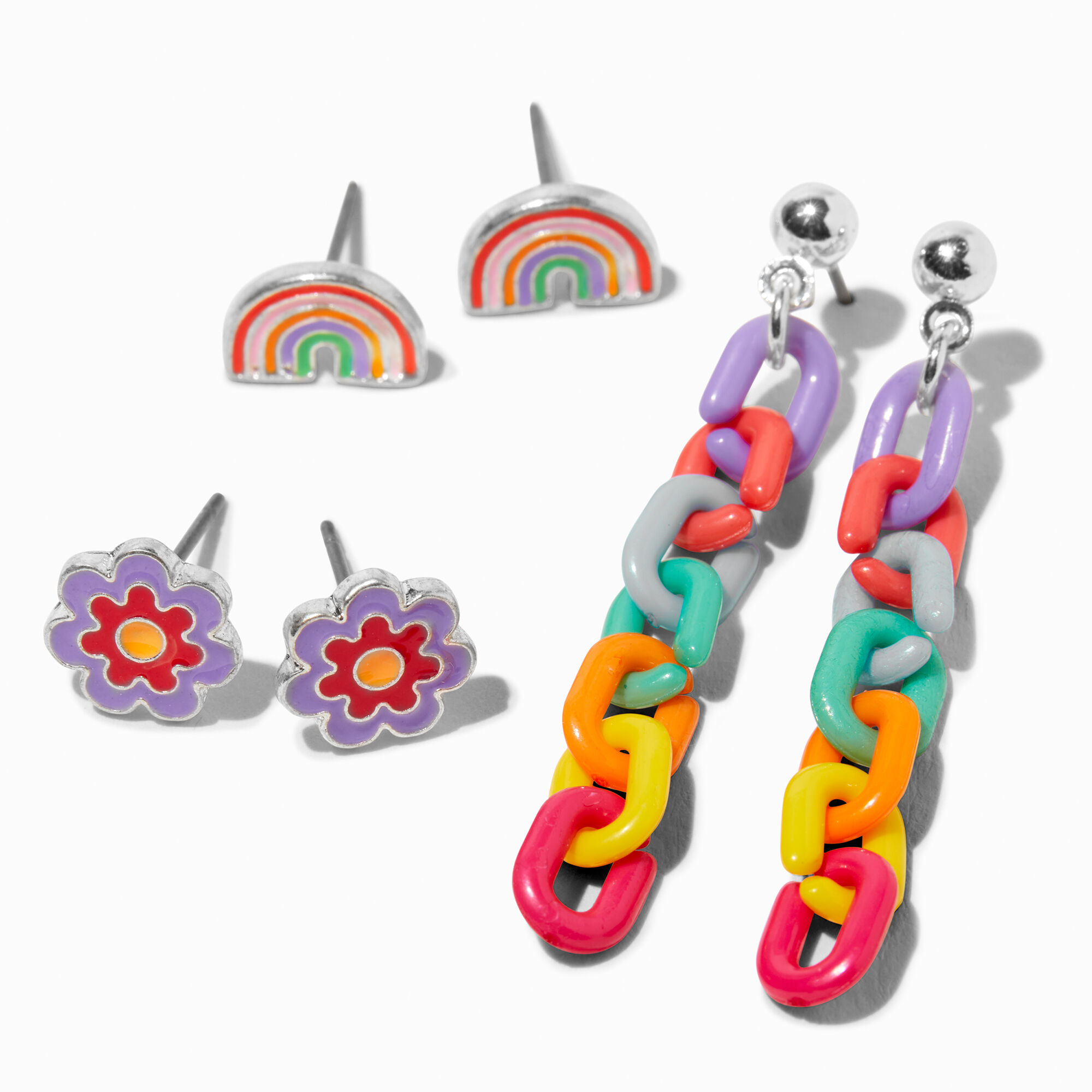 View Claires Rainbow Chain Flower Earrings Set 3 Pack Silver information