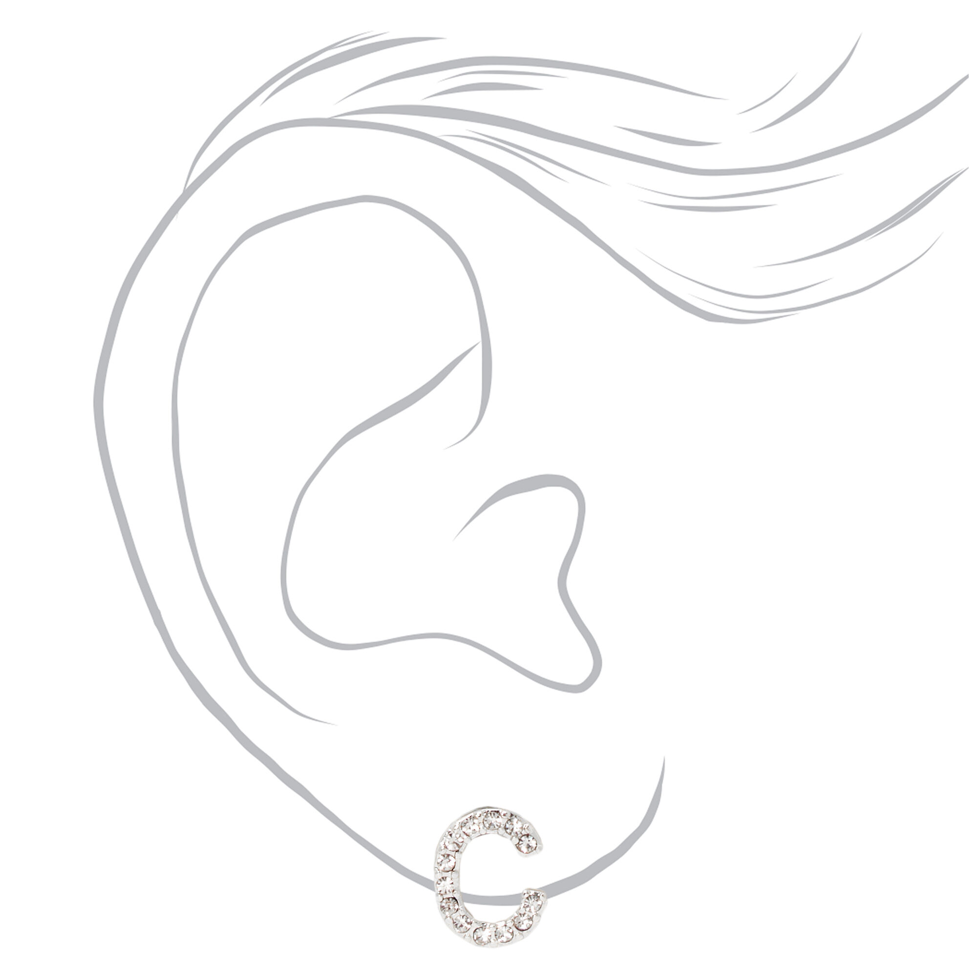 Silver Crystal Initial Stud Earrings - C,