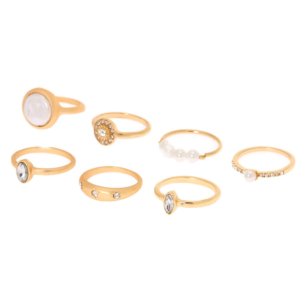 Gold Pearl Stone Rings - 7 Pack,